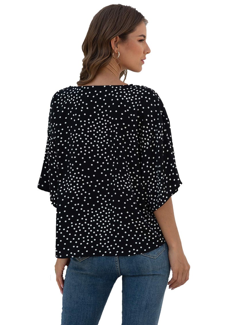 VIISHOW Women Bell Sleeve Shirt Tie Knot Casual Chiffon Blouses Tops(Black Dot,X-Large) - Image 4